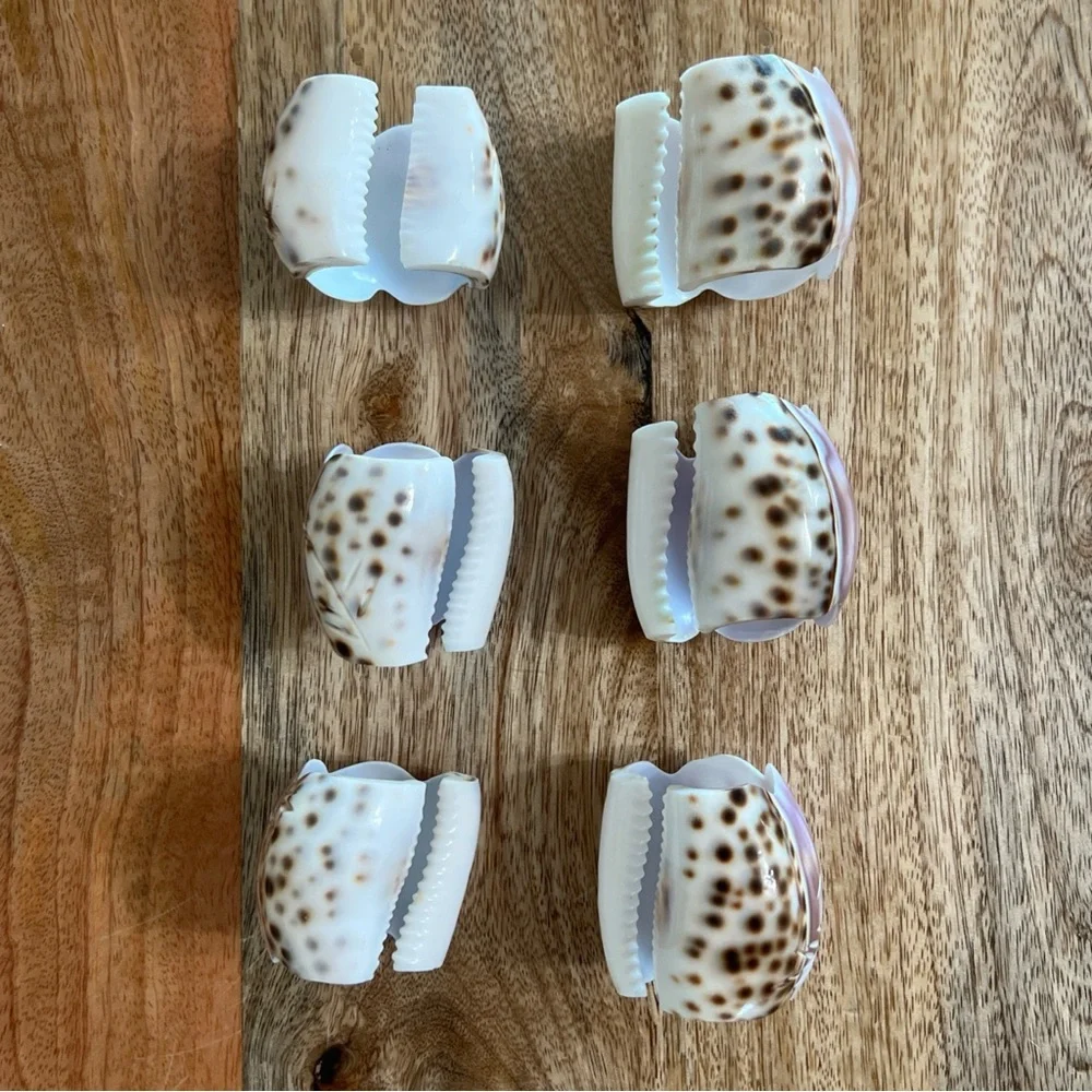 Carved Cowrie Shell set of 6, Napkin Holder Rings Purple Floral Sea Shells